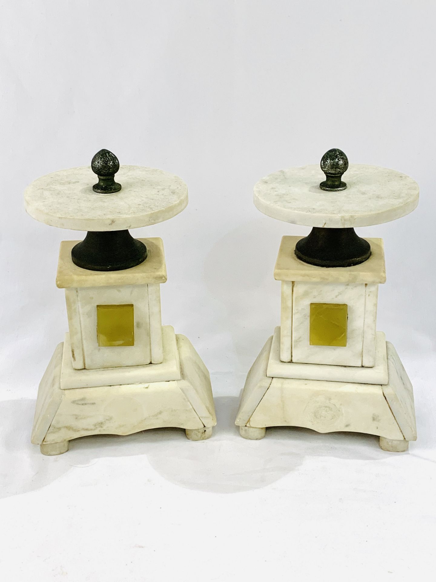 Pair of 19th Century French white alabaster and cast metal garnitures
