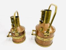 Two brass and copper petrol measures: 2 litre and 5 litre