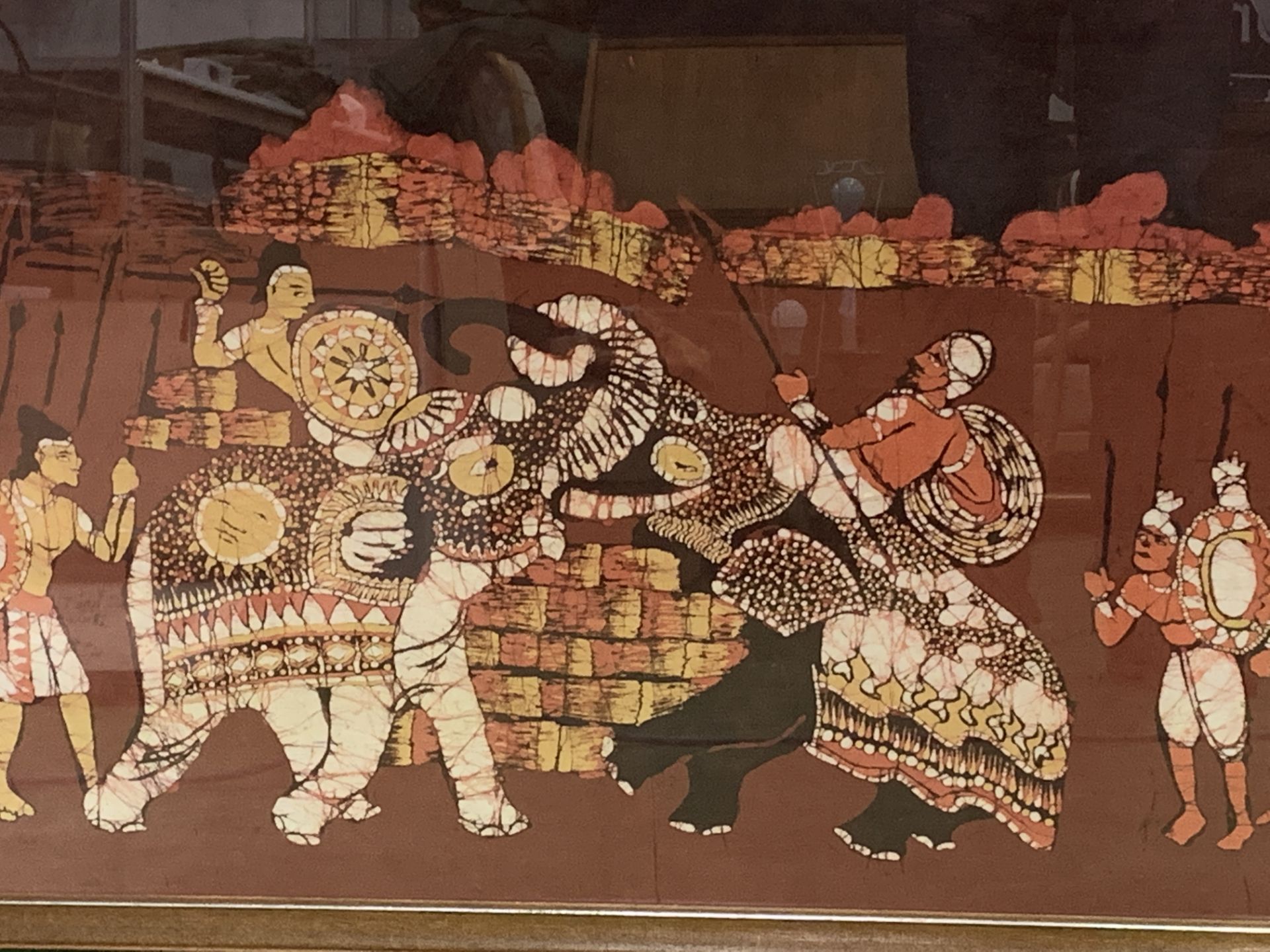 Framed and glazed Bartik picture of elephants and warriors - Image 2 of 3