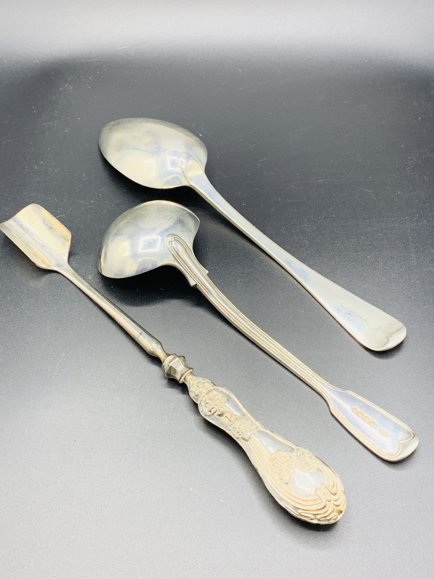 Victorian silver table spoon, a Victorian silver ladle, and a silver handled stilton cheese scoop. - Image 3 of 3