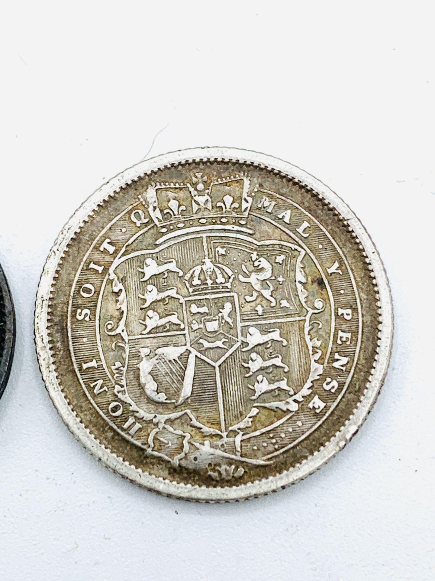 George III Silver Shilling 1787, a George III Silver Shilling 1817, and a George III penny 1806 - Image 6 of 6