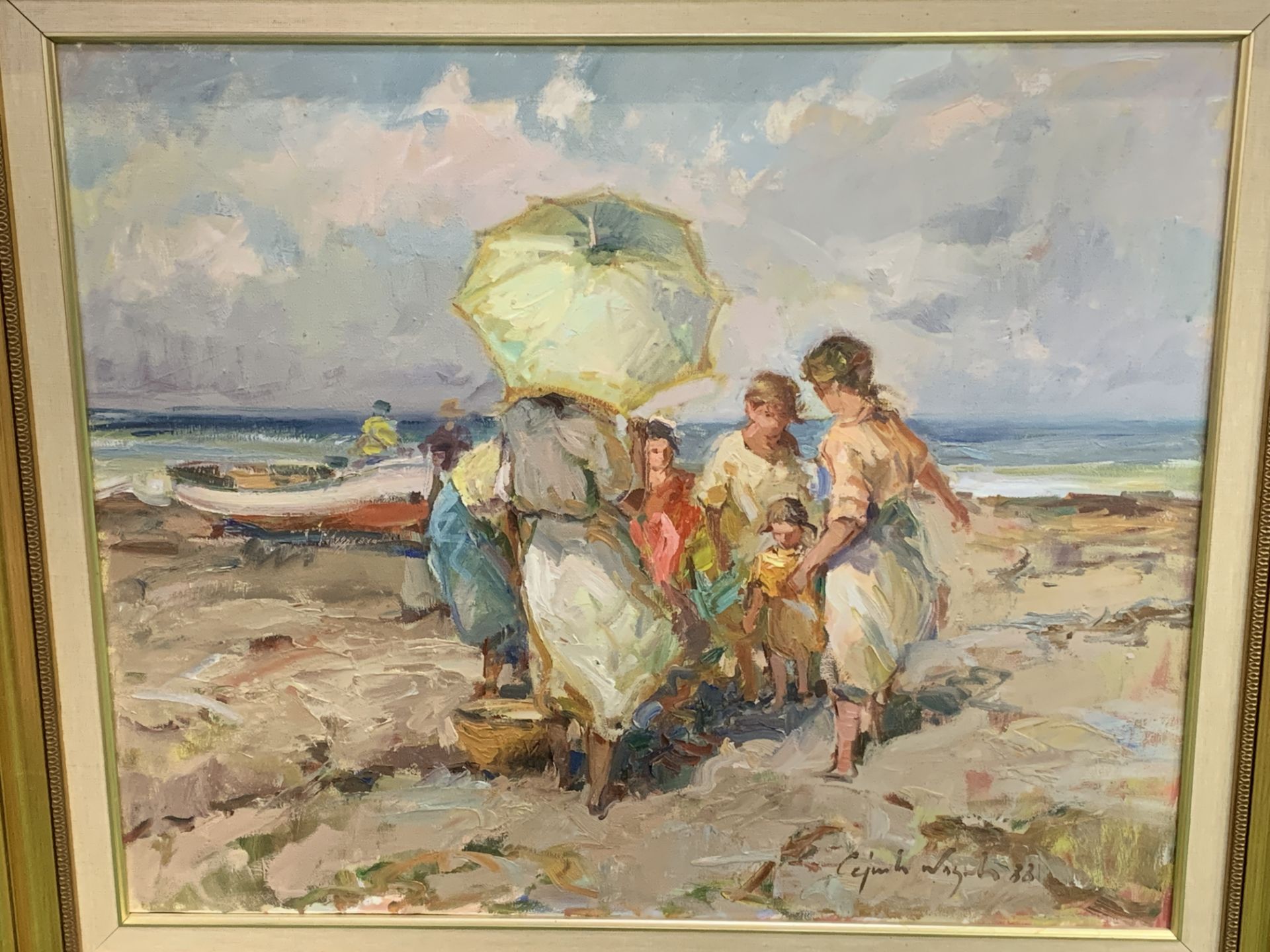 Framed oil on canvas of a family on a beach - Image 3 of 3