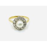 Gold, pearl and diamond ring