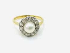 Gold, pearl and diamond ring