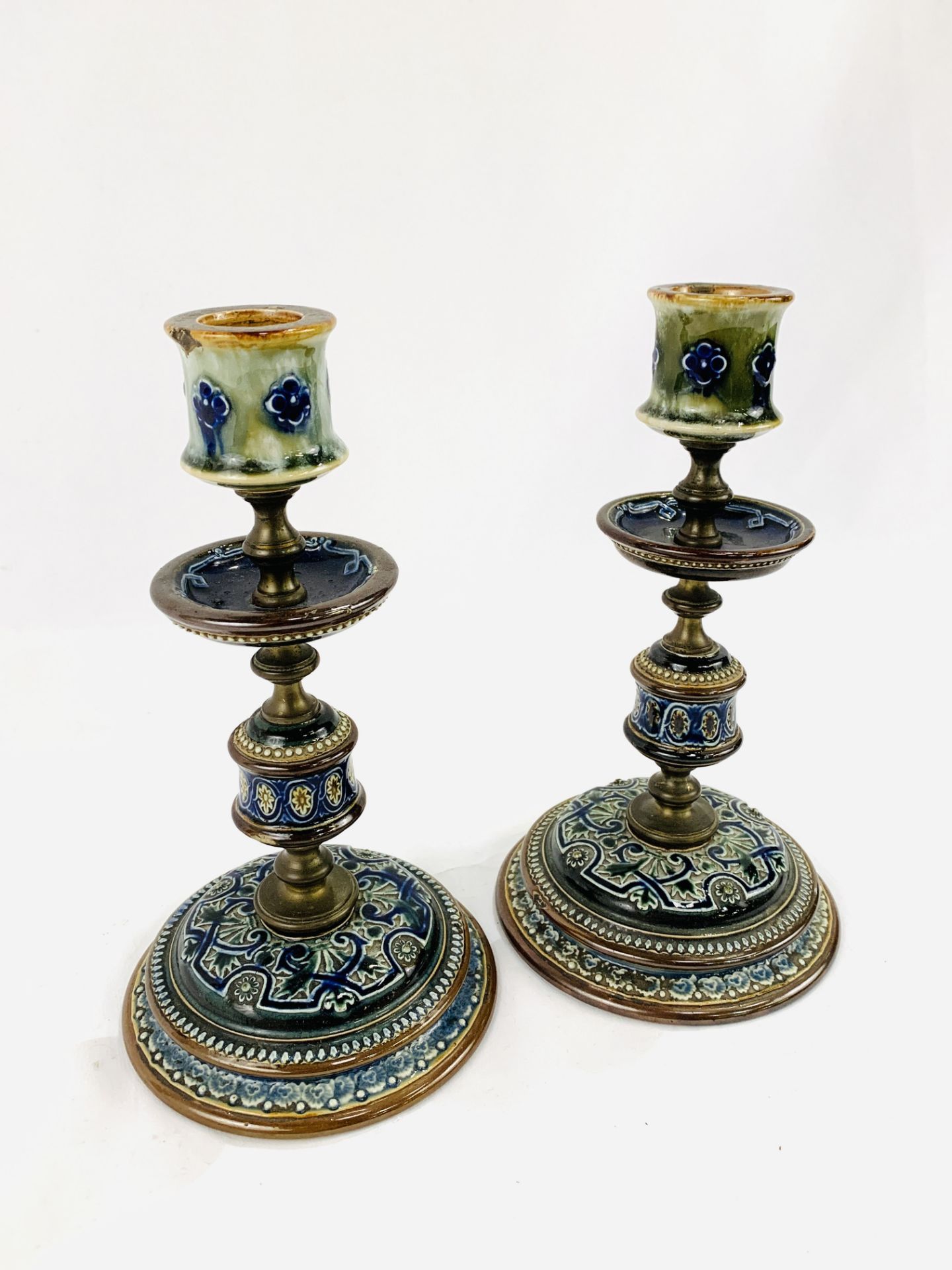 Pair of late 19th century Doulton, Lambeth brass and ceramic candlesticks - Image 3 of 4