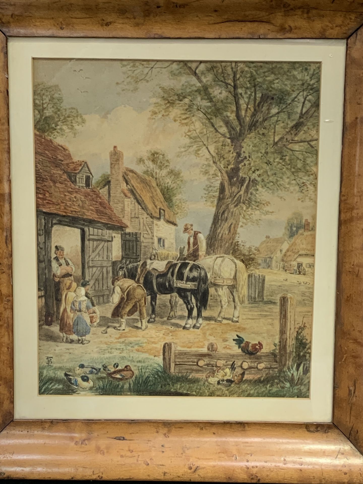 Walnut framed and glazed watercolour of cart horses at a village forge, monogram F.B - Image 2 of 4