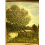 Heavy gilt framed oil on canvas of a cow in a meadow by a river