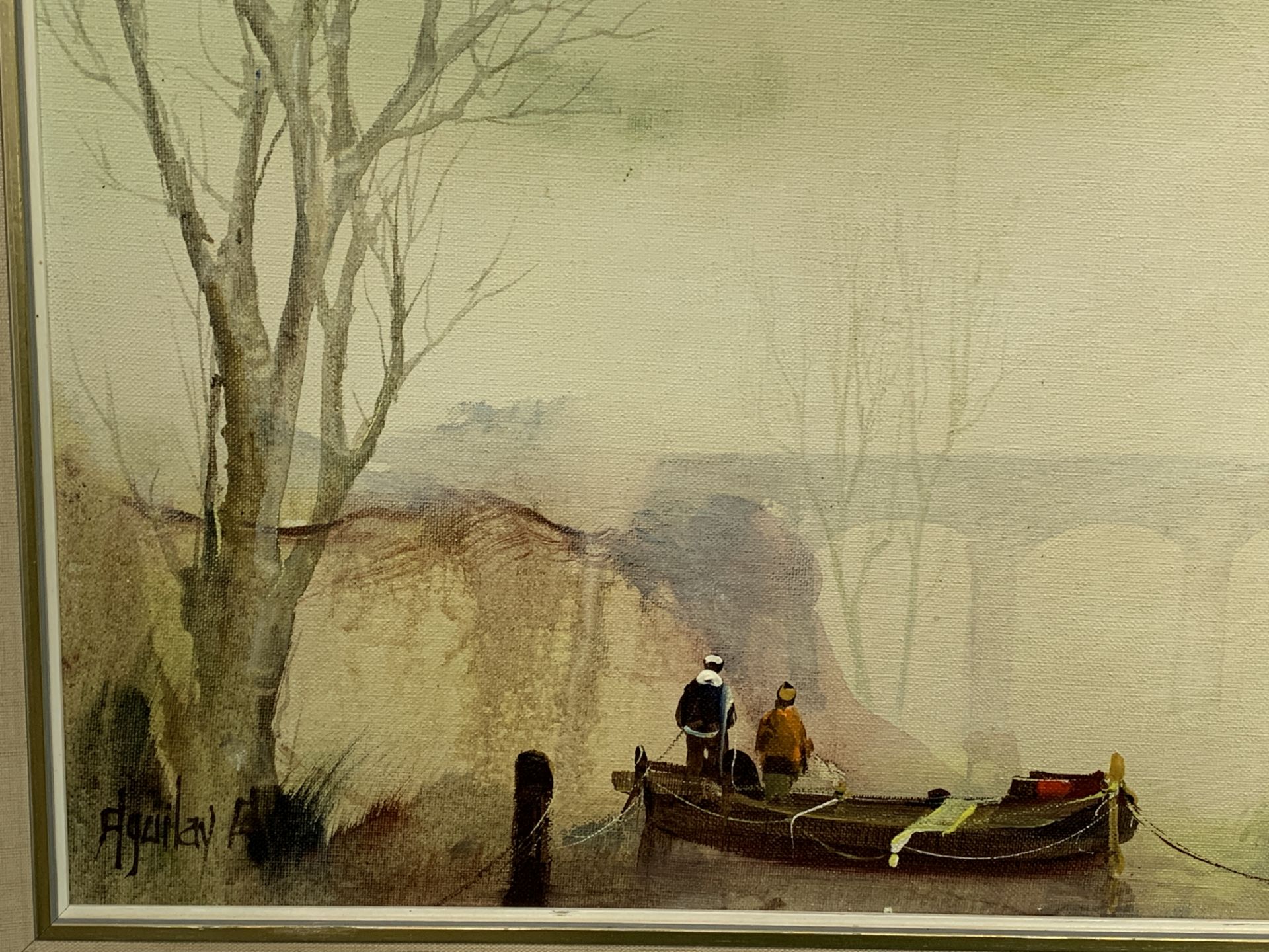 Framed oil on canvas of a boat on a river by a bridge - Image 2 of 3