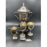 Silver plate lidded 2 handled trophy another trophy and 2 goblets