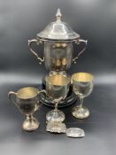 Silver plate lidded 2 handled trophy another trophy and 2 goblets