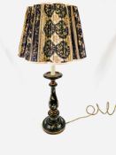 Black painted gilt decorated turned wooden table lamp with shade