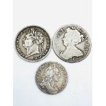 A Queen Anne sixpence 1708, a George IV shilling 1824 and a William III shilling