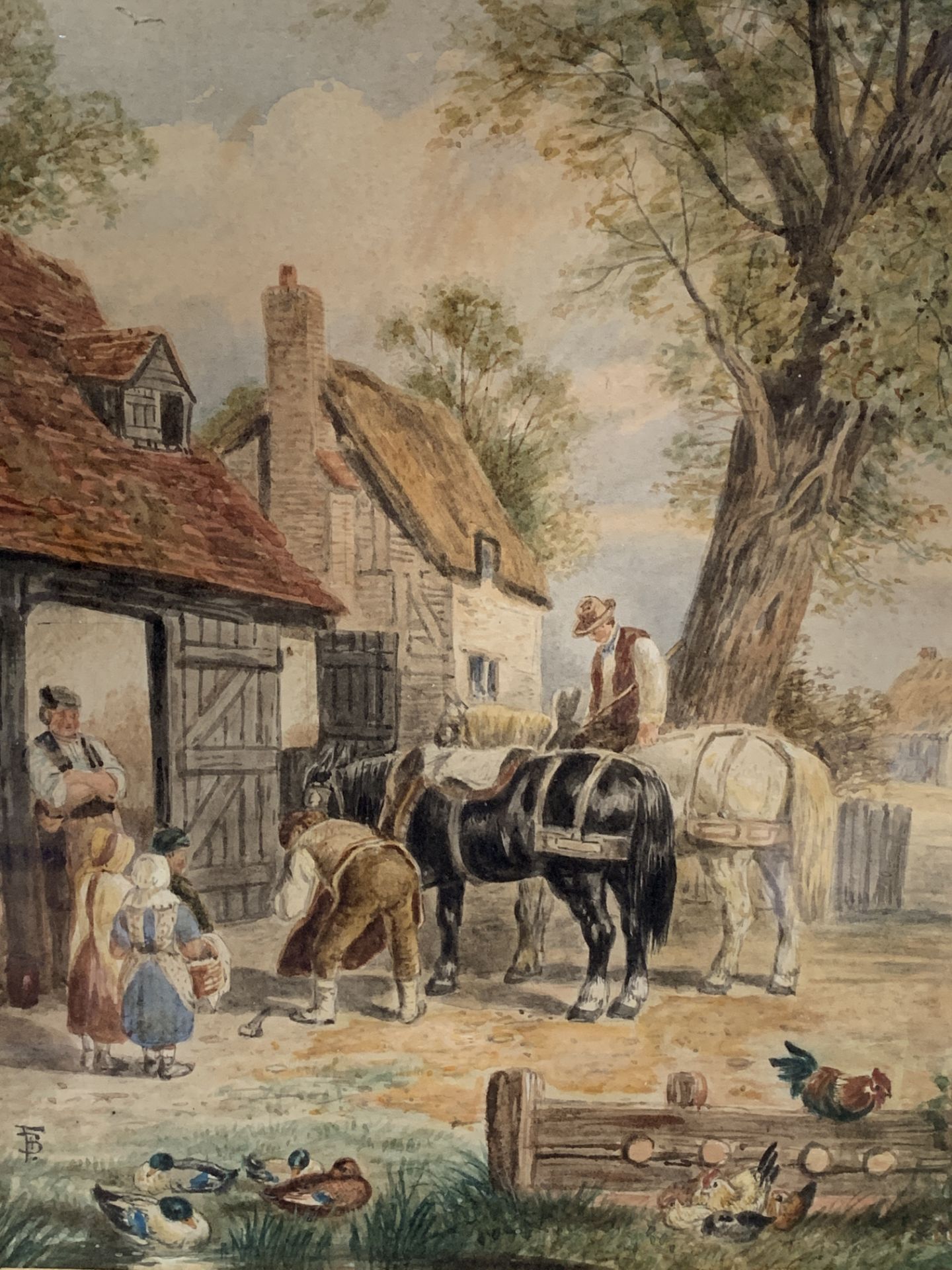 Walnut framed and glazed watercolour of cart horses at a village forge, monogram F.B - Image 4 of 4