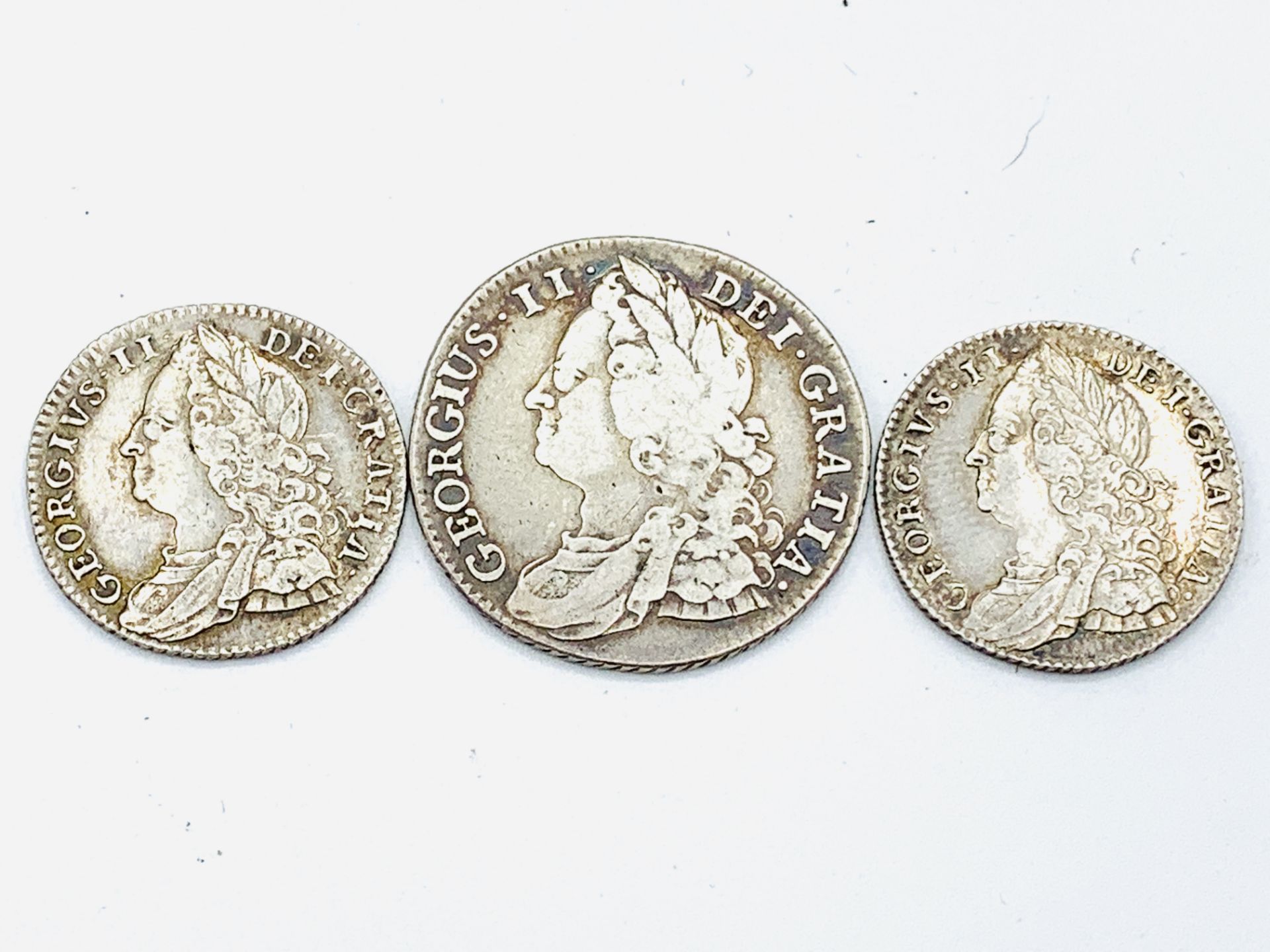 George II Silver Shilling 1743; George II SIlver Shilling 1758 and a George II Sixpence 1757