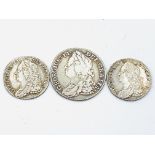 George II Silver Shilling 1743; George II SIlver Shilling 1758 and a George II Sixpence 1757