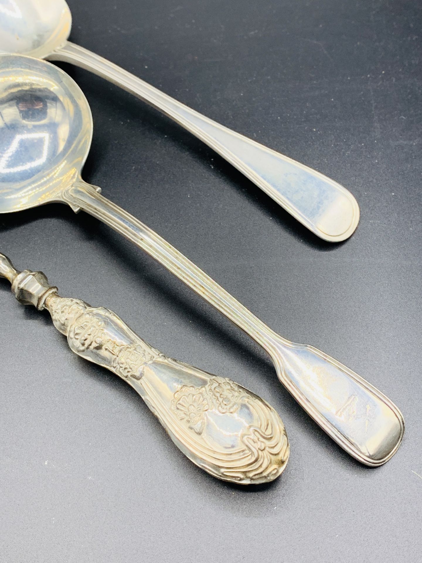 Victorian silver table spoon, a Victorian silver ladle, and a silver handled stilton cheese scoop. - Image 2 of 3