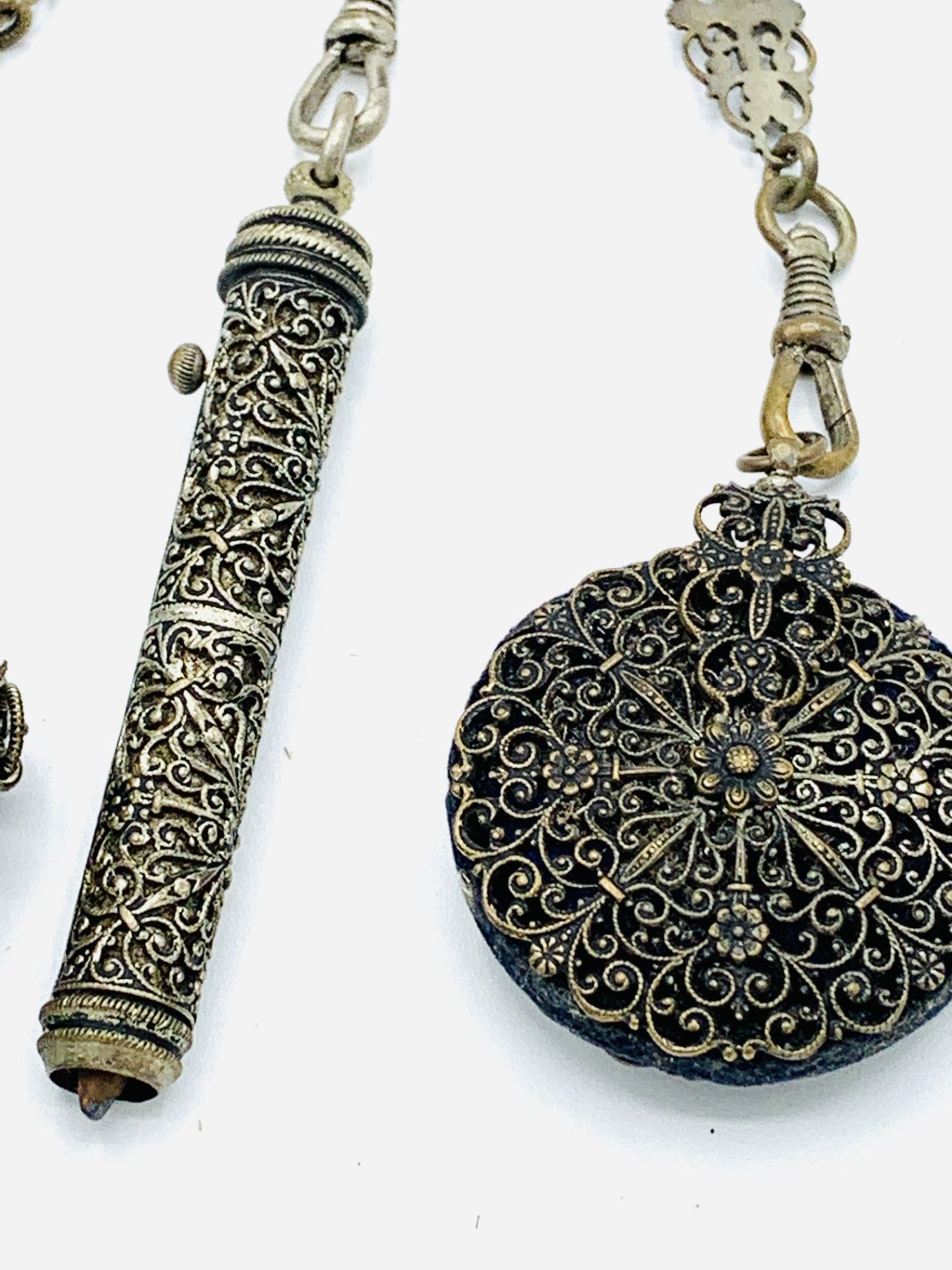 An ornately decorated Victorian white metal chatelaine - Image 4 of 6