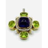 Yellow gold amethyst, diamond, pearl and peridot pendant/brooch