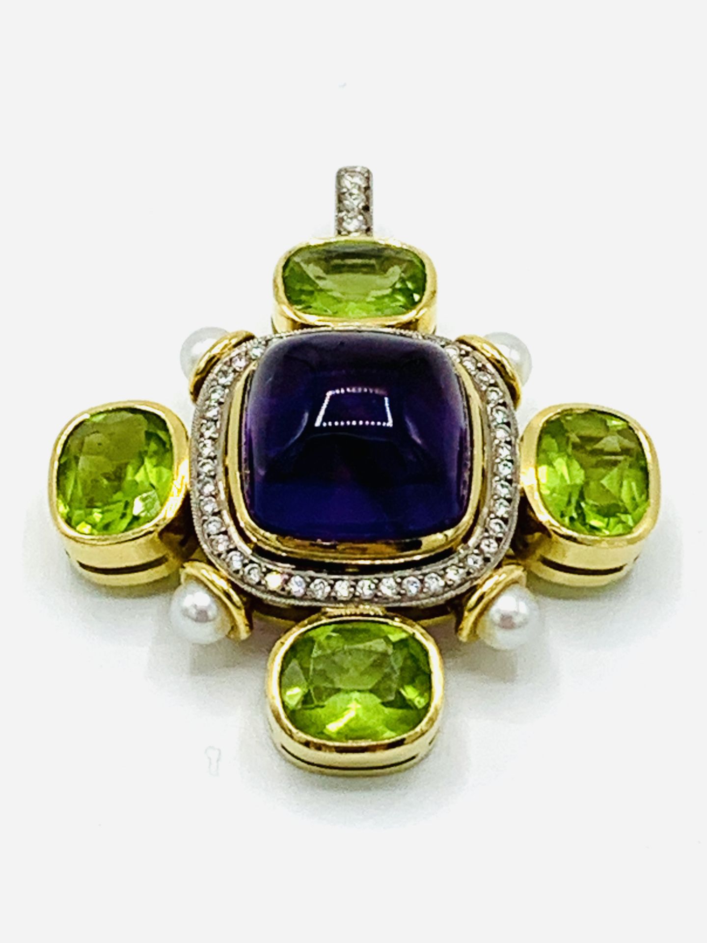 Yellow gold amethyst, diamond, pearl and peridot pendant/brooch