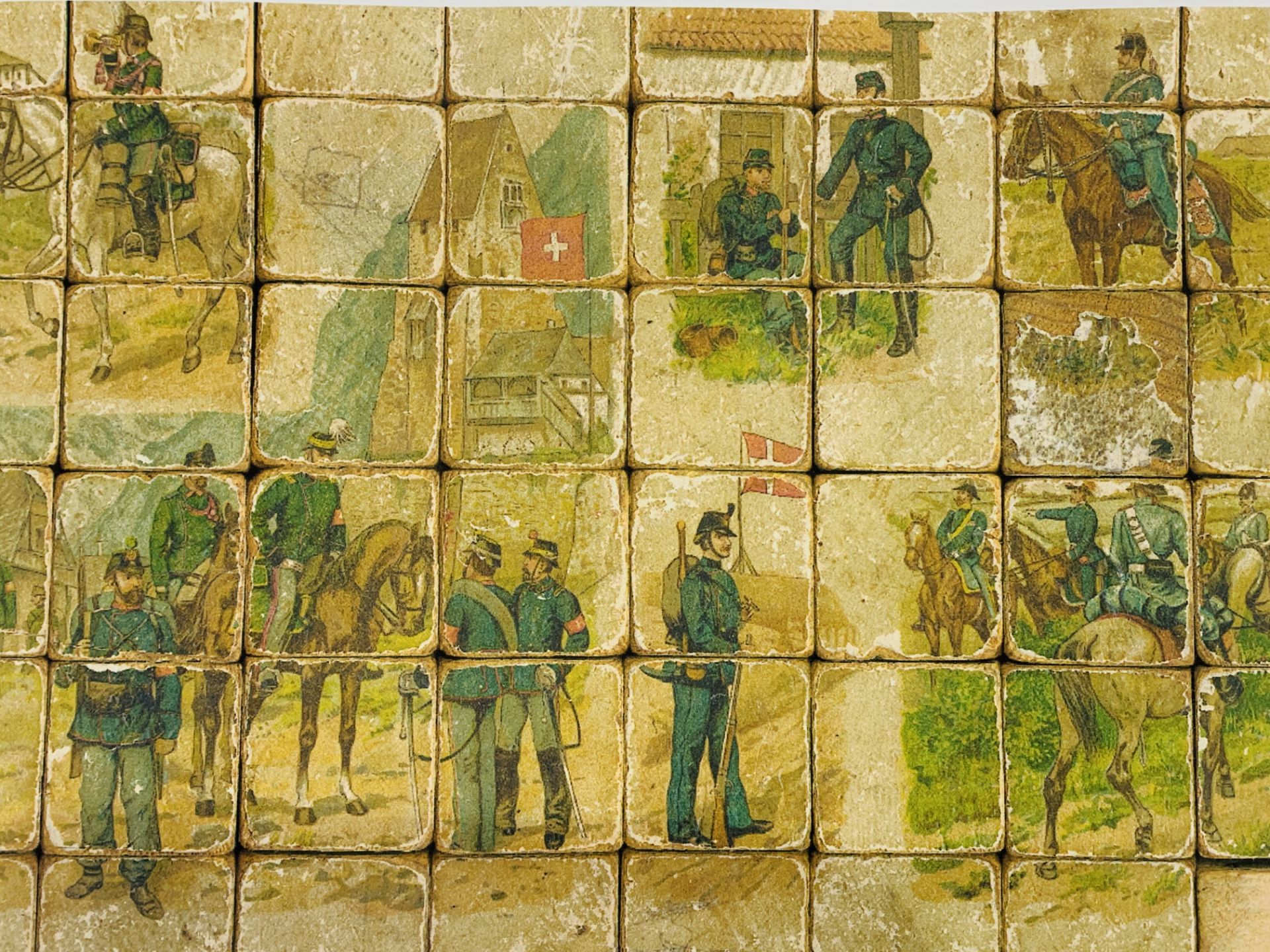 48 6-sided wooden puzzle blocks to make up 6 different pictures of 19th century European soldiers. - Image 3 of 4