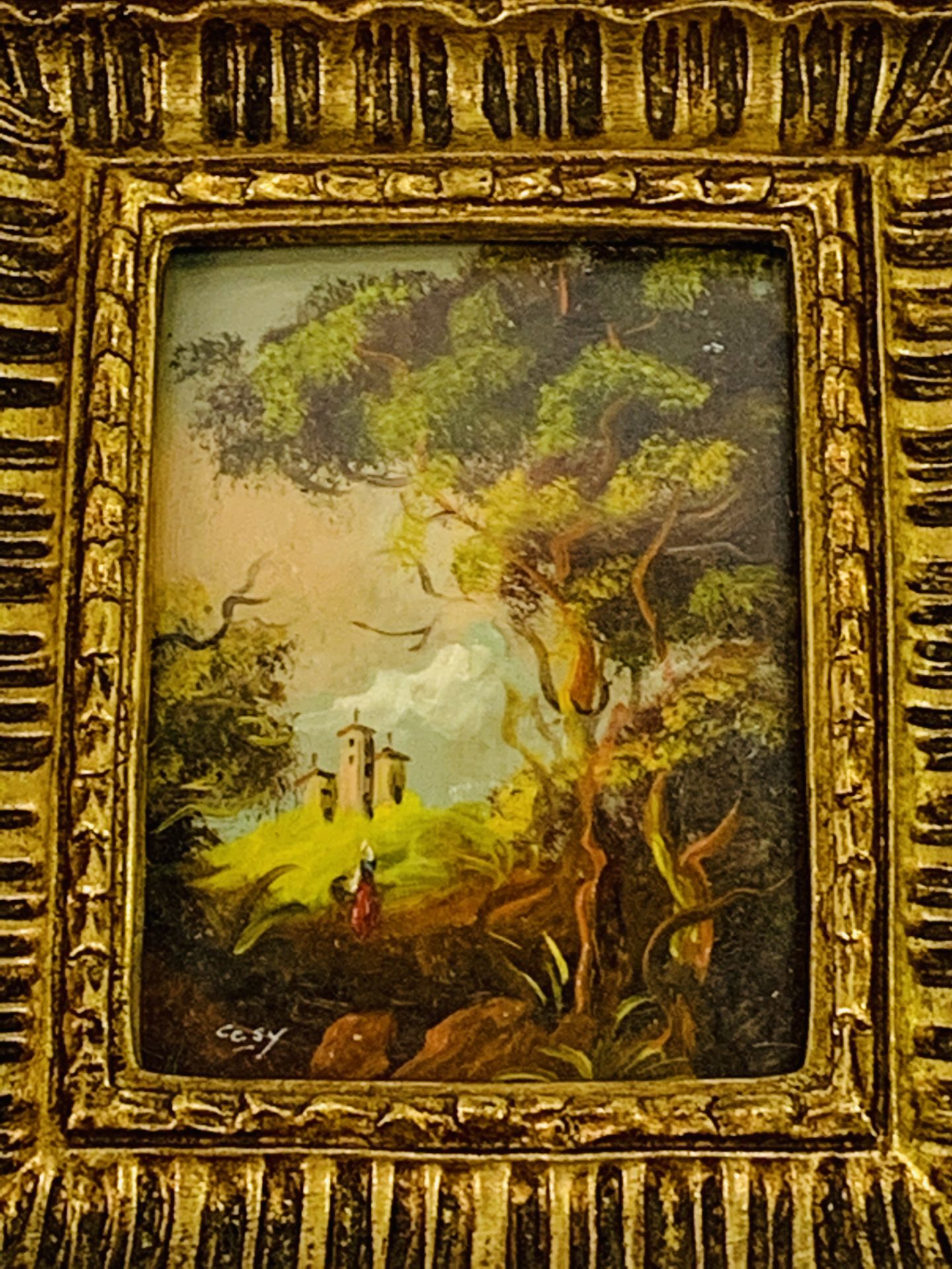 Two framed and glazed gilt oil on copper miniatures of figures in a woodland scene - Image 3 of 3