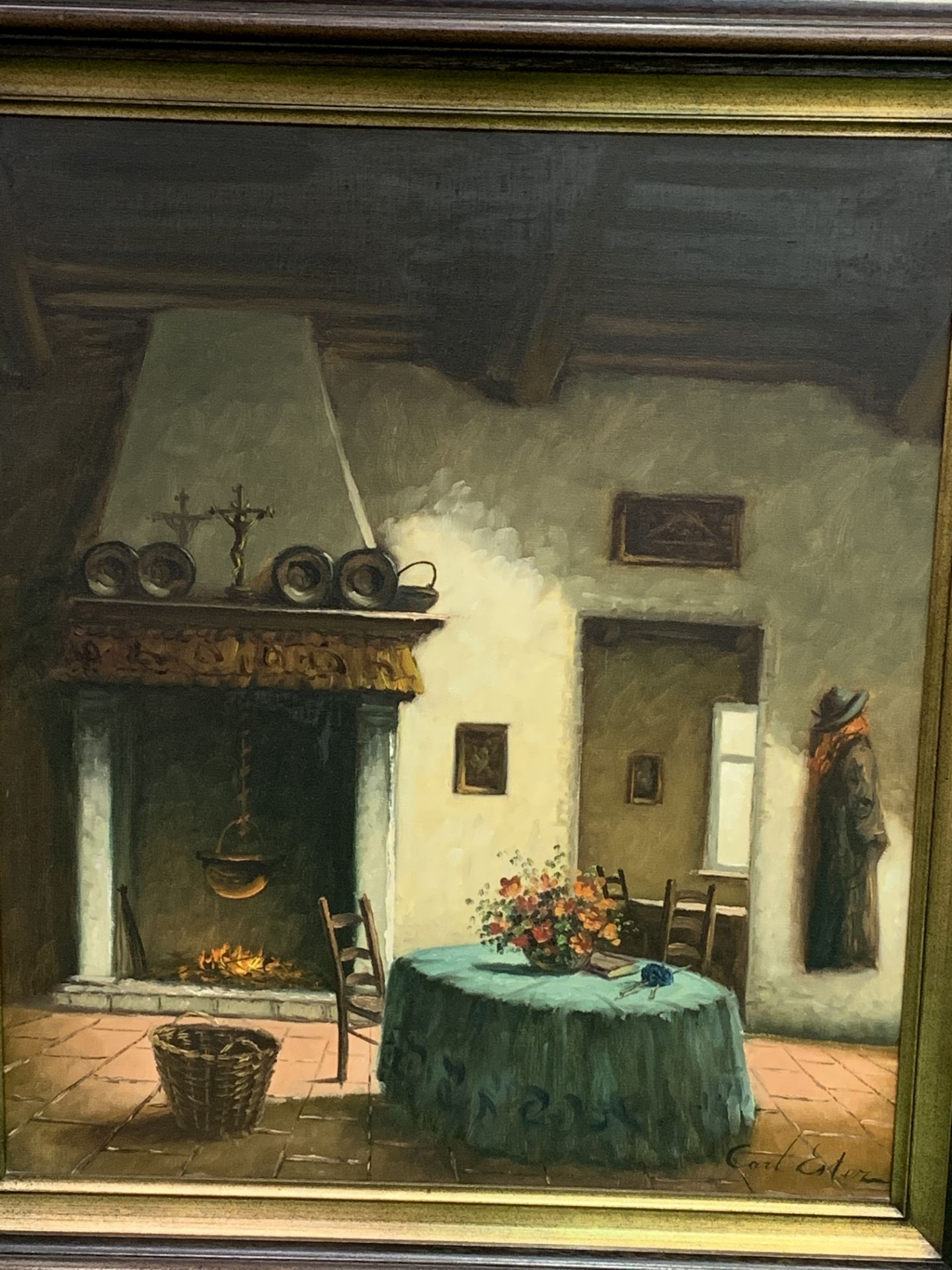 Framed oil on canvas of a house interior, signed Carl Estez - Image 3 of 3