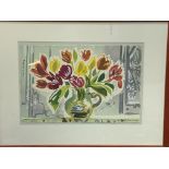 Framed and glazed watercolour still life flowers and a vase