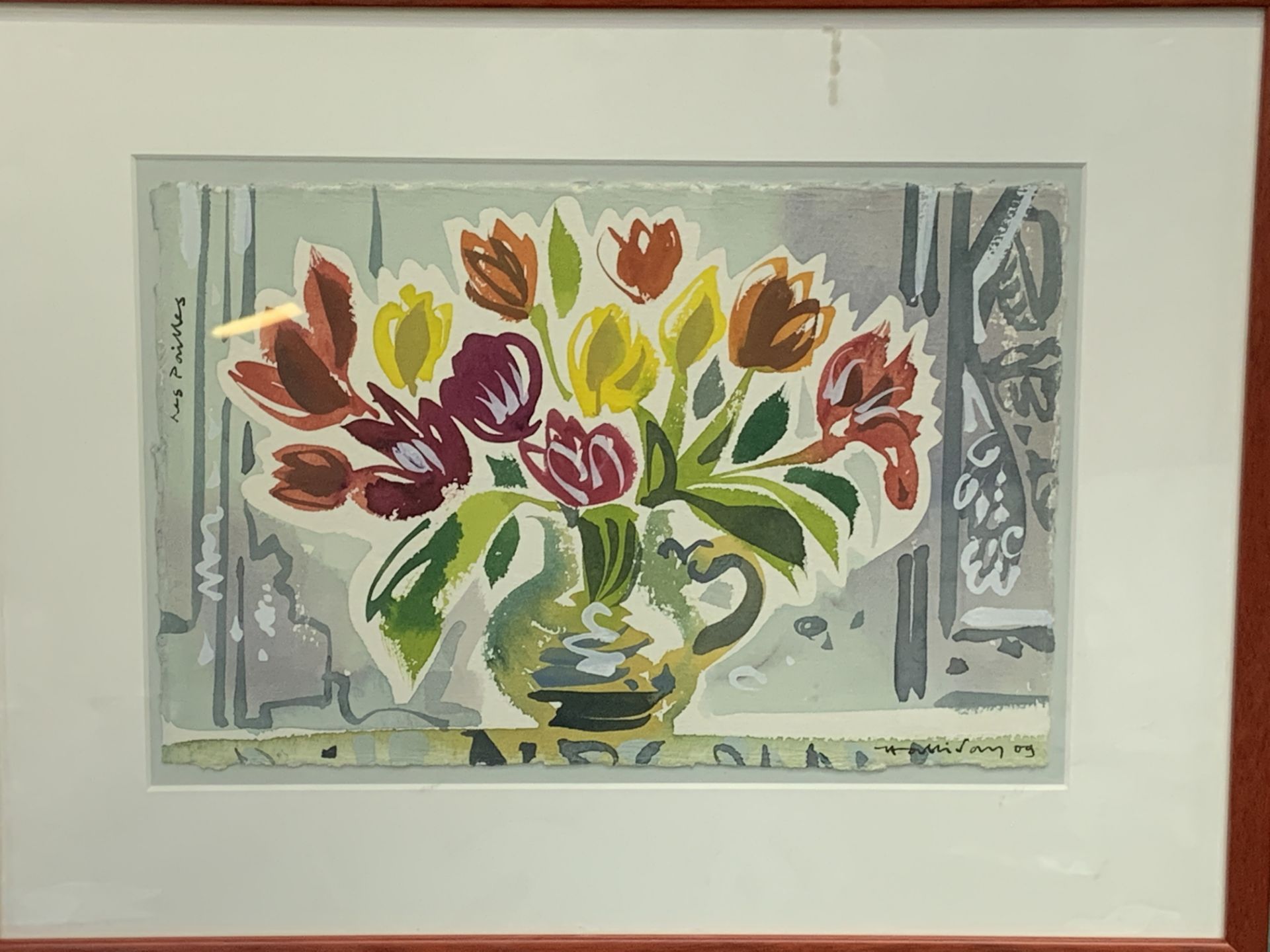 Framed and glazed watercolour still life flowers and a vase