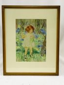 Pastel drawing of a young girl picking flowers, by Gerald Backhouse