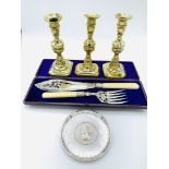 3 Georgian brass candlesticks, silver plated fish servers, and a silver plated Silver Jubilee salver