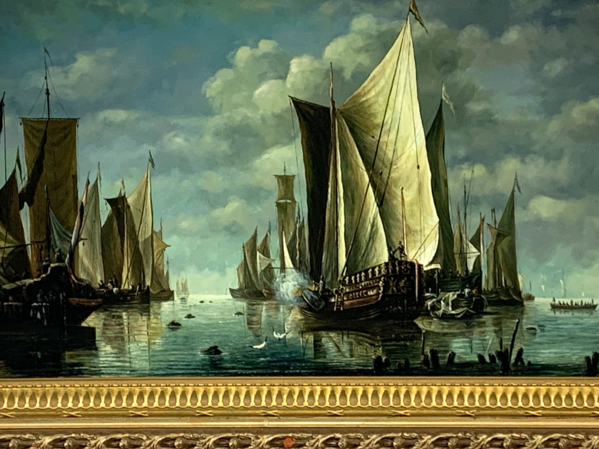 Ornate gilt framed oil on metal of sailing ships - Image 3 of 5