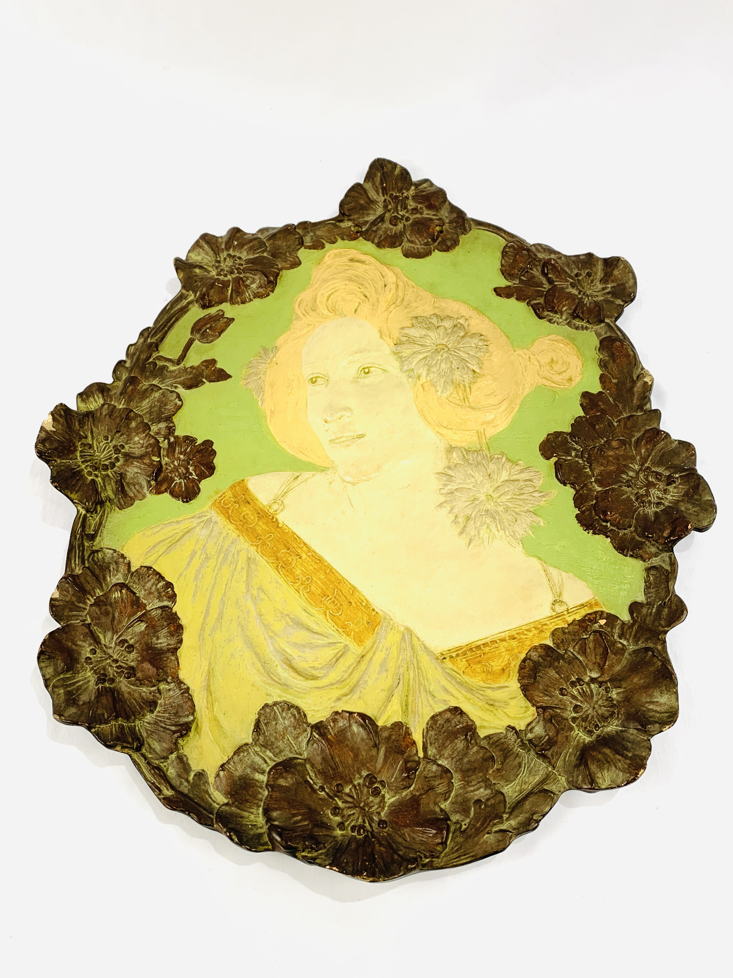 Art Nouveau terracotta wall plaque of a lady's head and shoulders by Ernst Wahliss - Image 2 of 4