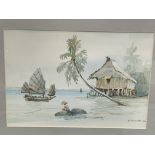 Two framed watercolours of fishing