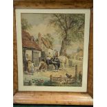 Walnut framed and glazed watercolour of cart horses at a village forge, monogram F.B