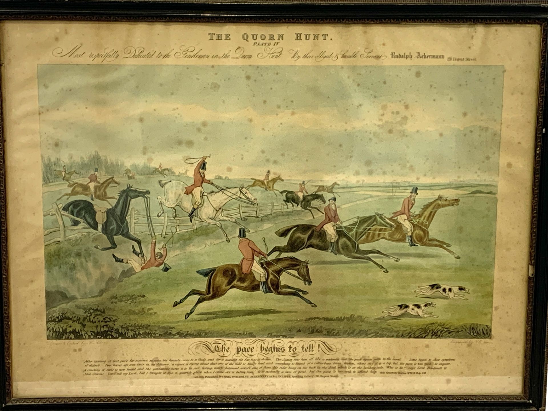 Set of eight framed and glazed 19th Century prints of the Quorn Hunt by Ackerman, drawn by Alken