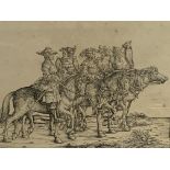 Framed and glazed engraving of five medieval knights on horseback