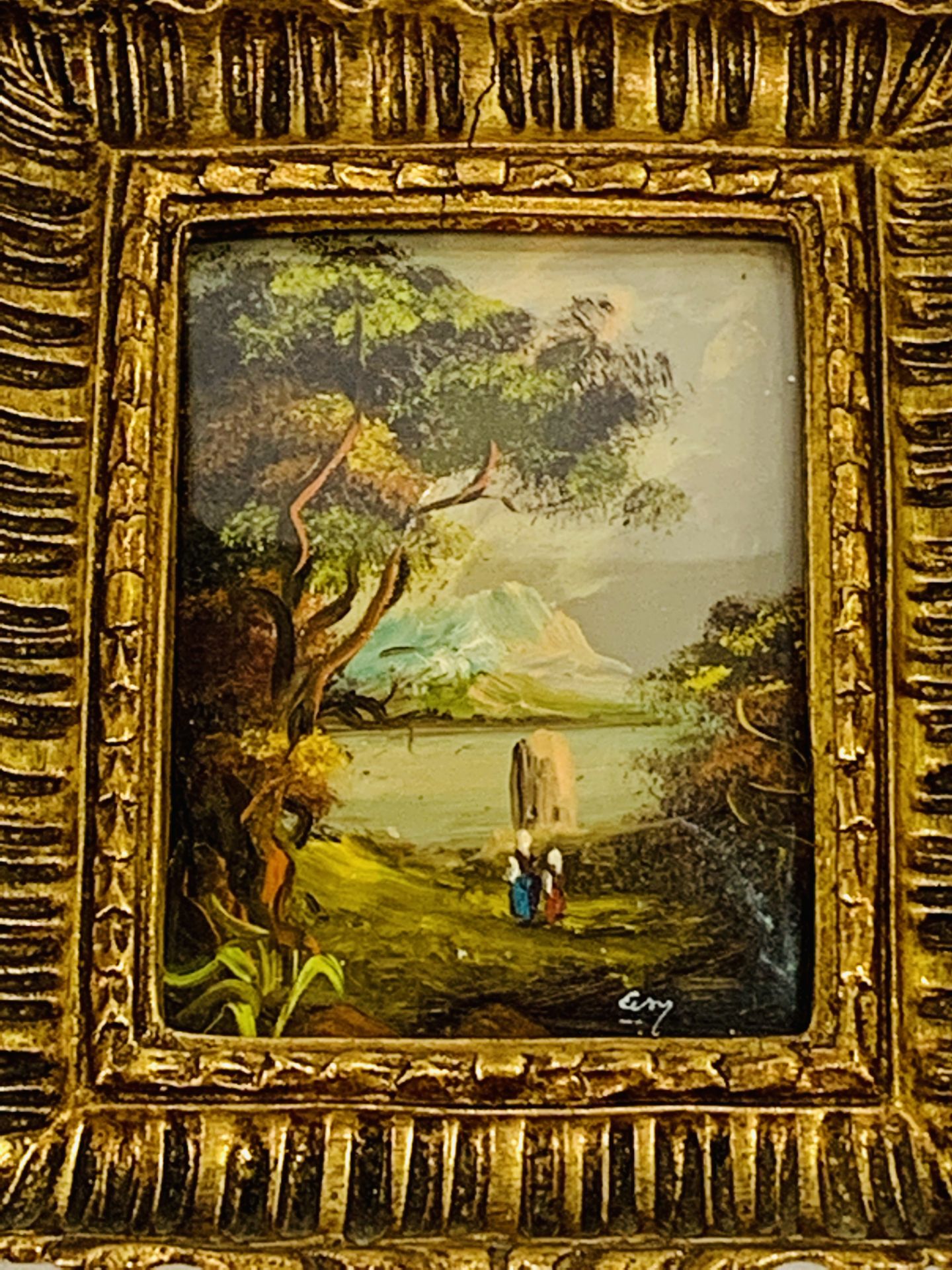 Two framed and glazed gilt oil on copper miniatures of figures in a woodland scene - Image 2 of 3