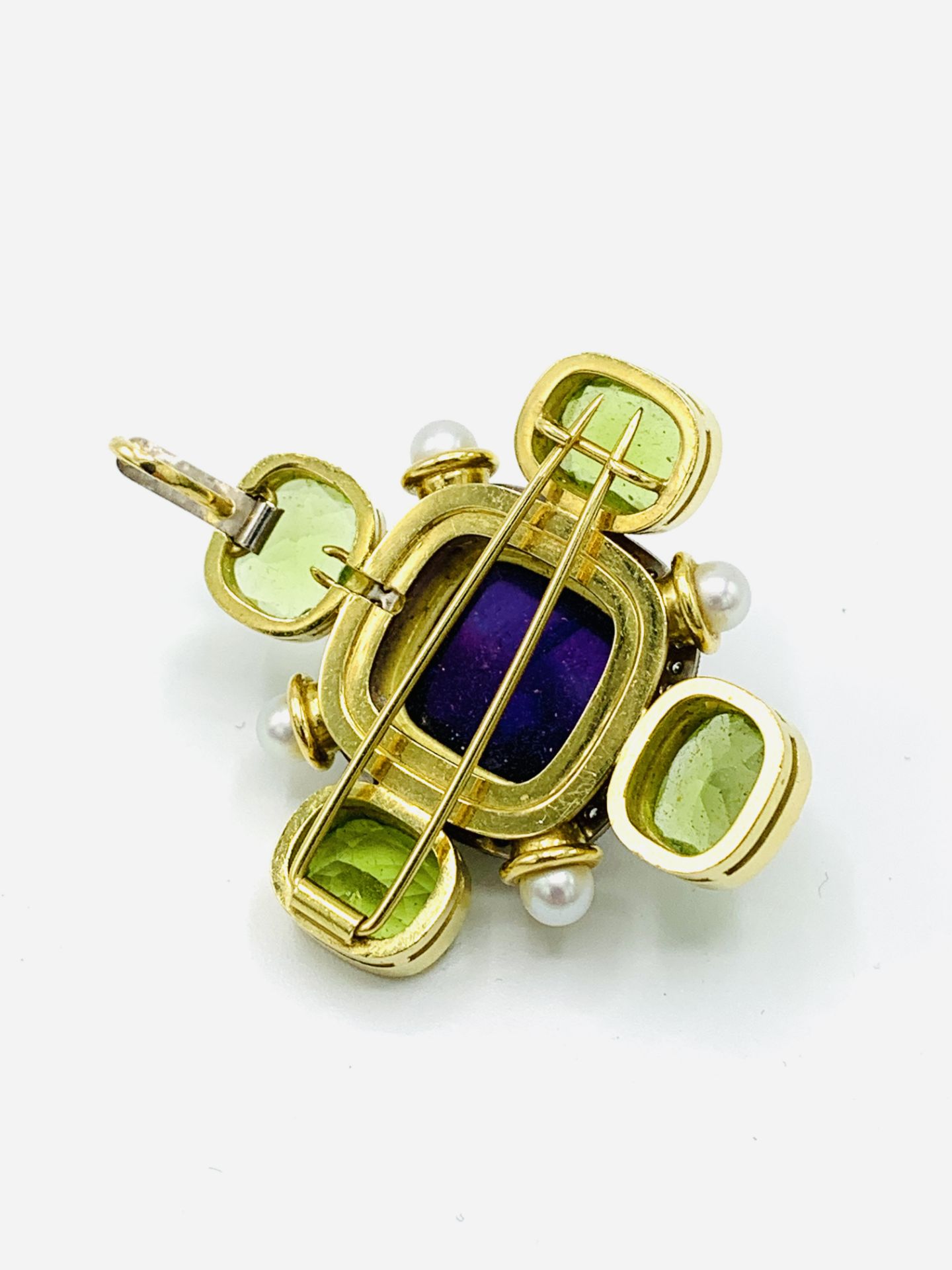 Yellow gold amethyst, diamond, pearl and peridot pendant/brooch - Image 4 of 5