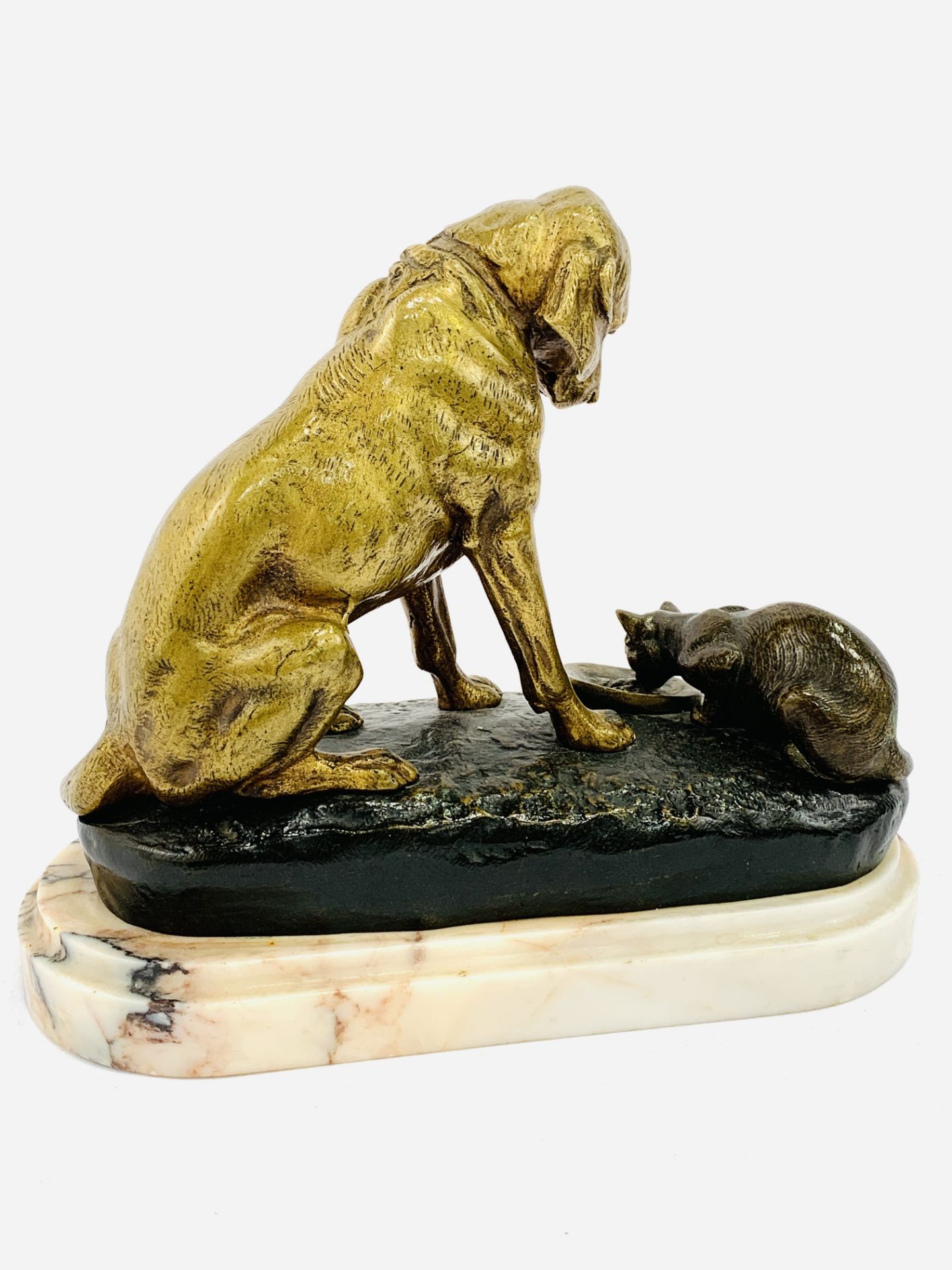 Brass/bronze figure of a dog sitting over a cat eating from a dish, signed A de Gericke - Image 4 of 5