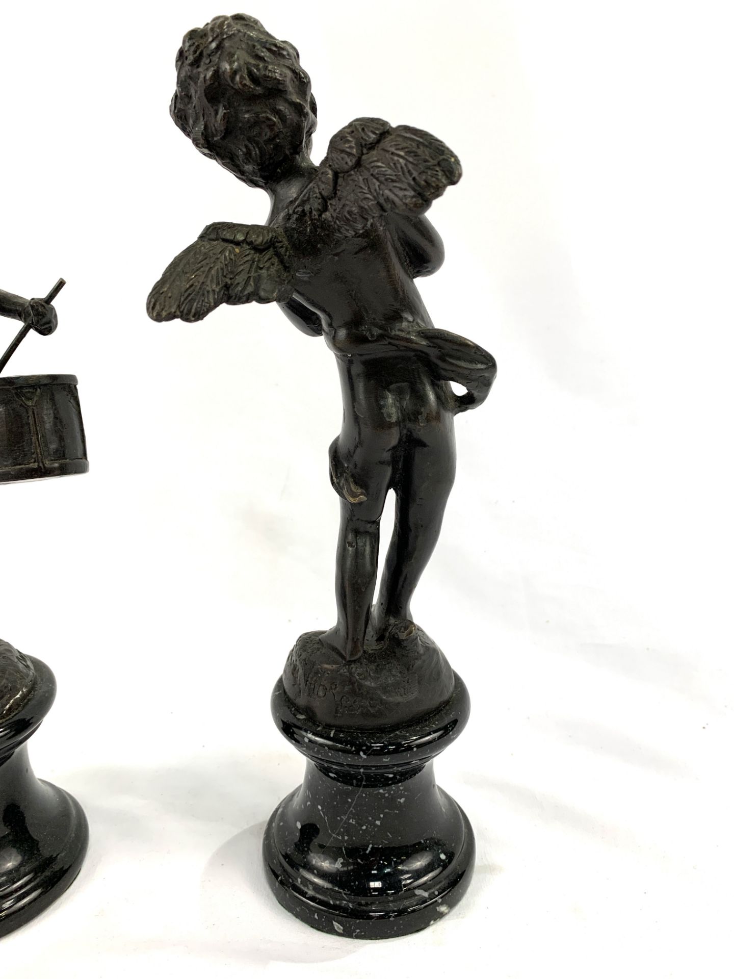 Pair of signed bronze figurines of putti on speckled marble bases, signed Auguste Moreau. - Image 5 of 5
