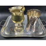 Silver plate tray together with 2 silver plate ice buckets and a pair of brass tongs
