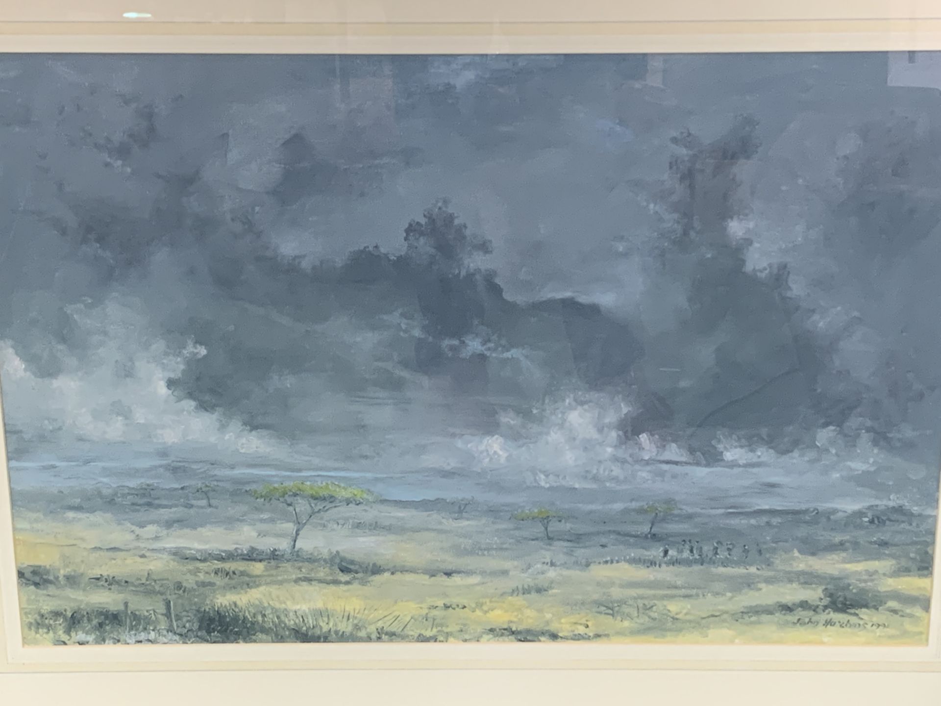 Framed oil on canvas signed John Hutchins, of the Serengeti