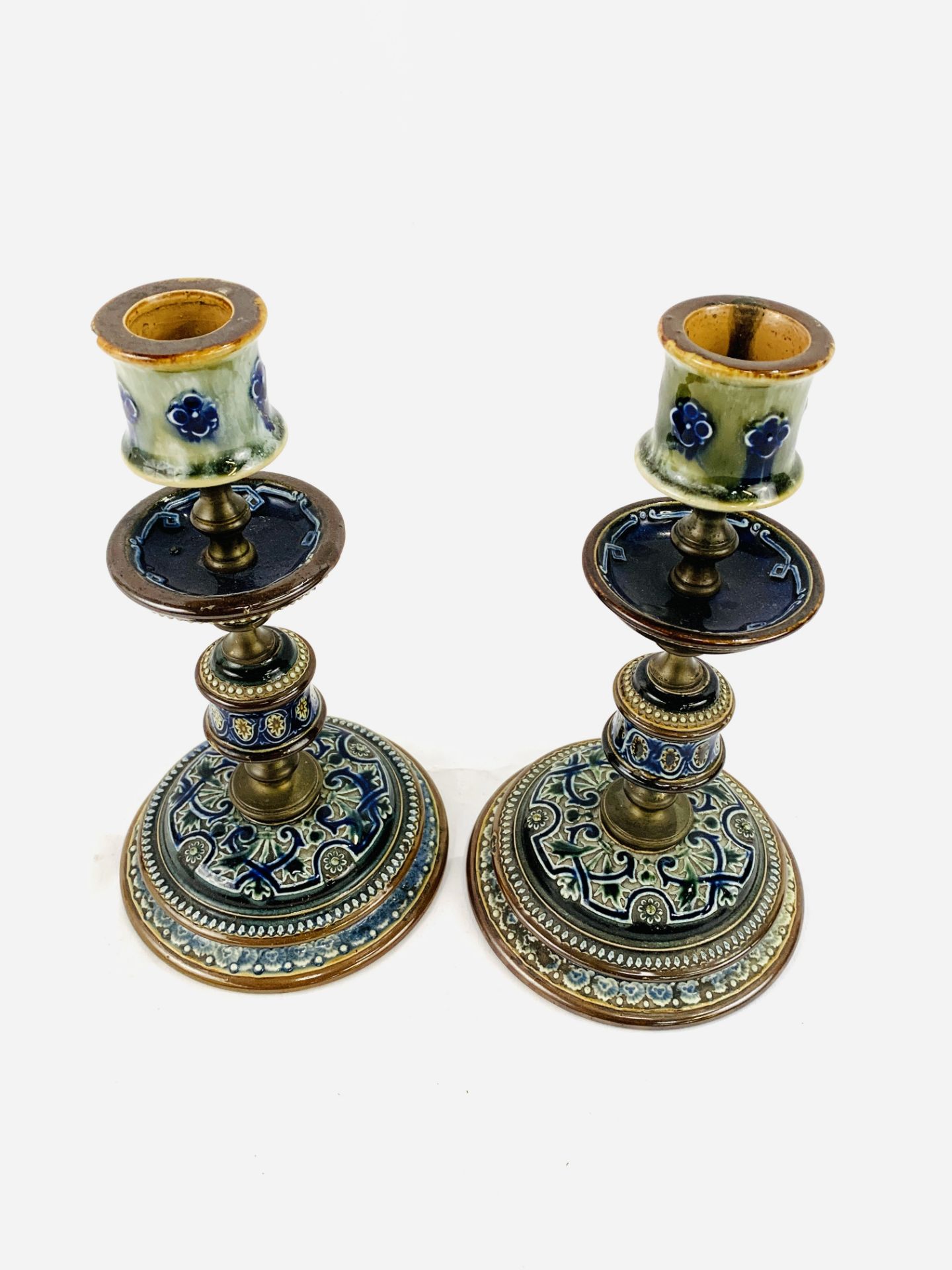 Pair of late 19th century Doulton, Lambeth brass and ceramic candlesticks - Image 2 of 4