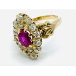 18ct gold Edwardian diamond and ruby marquise shaped ring