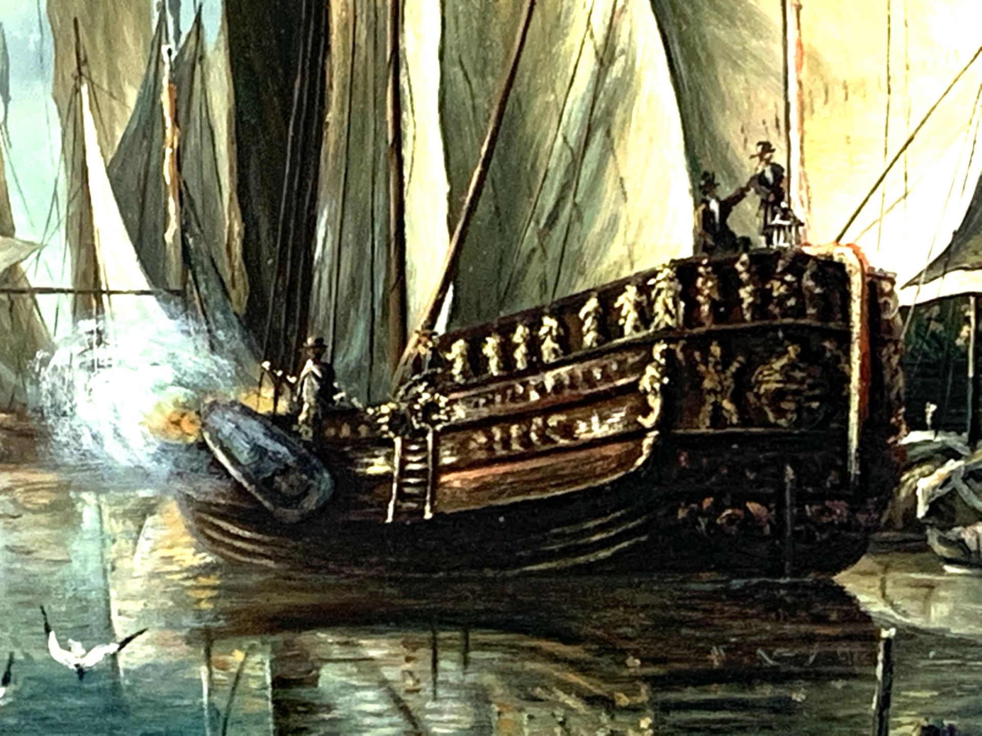 Ornate gilt framed oil on metal of sailing ships - Image 4 of 5