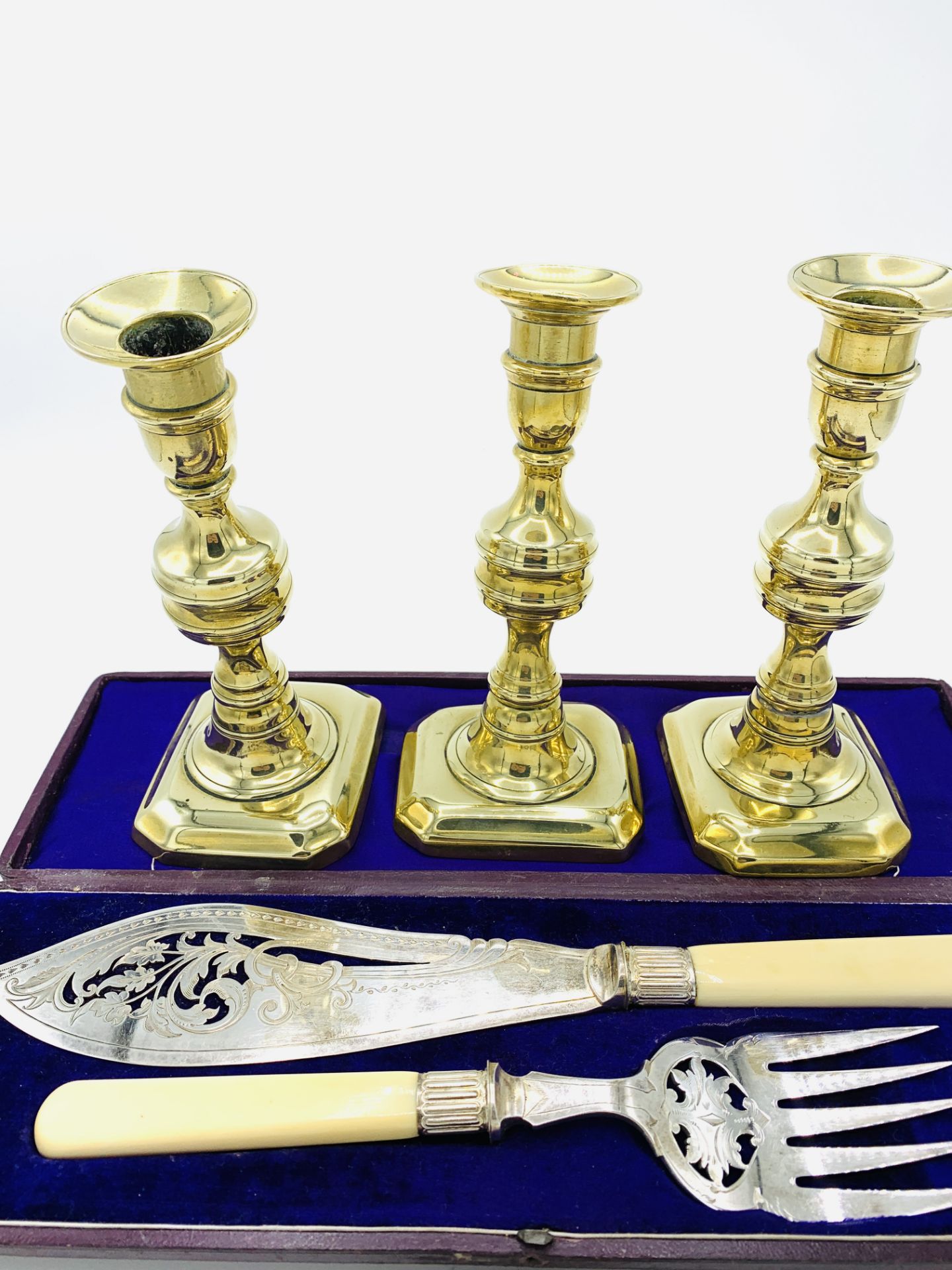 3 Georgian brass candlesticks, silver plated fish servers, and a silver plated Silver Jubilee salver - Image 2 of 3