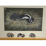 Framed and glazed watercolour of badgers, signed J Ferguson