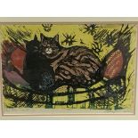 Framed and glazed colour lino cut entitled "The Two Cats" signed Guy Worsdell