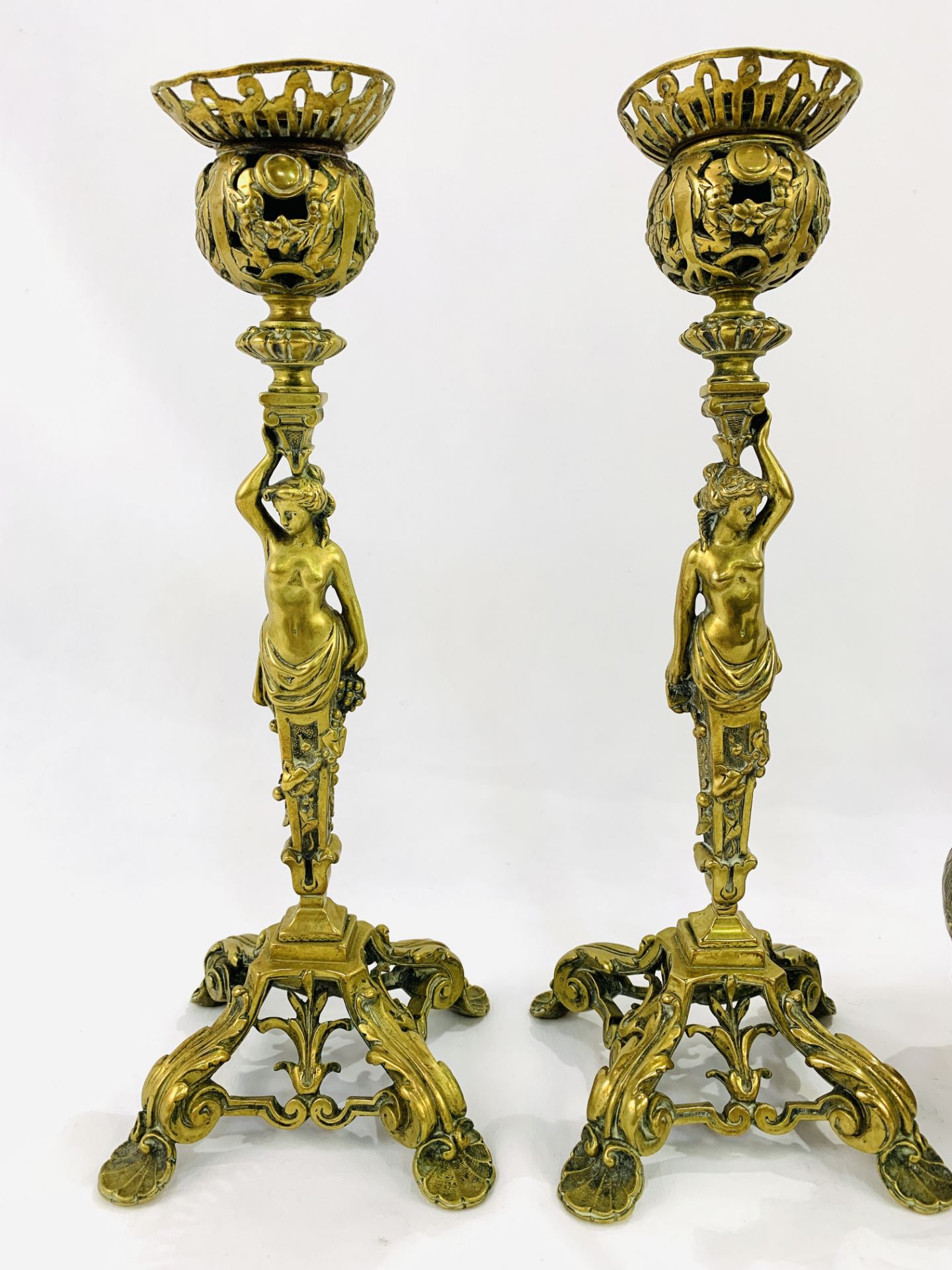 Pair of brass figural candlesticks with two Indian brass ewers - Image 2 of 4