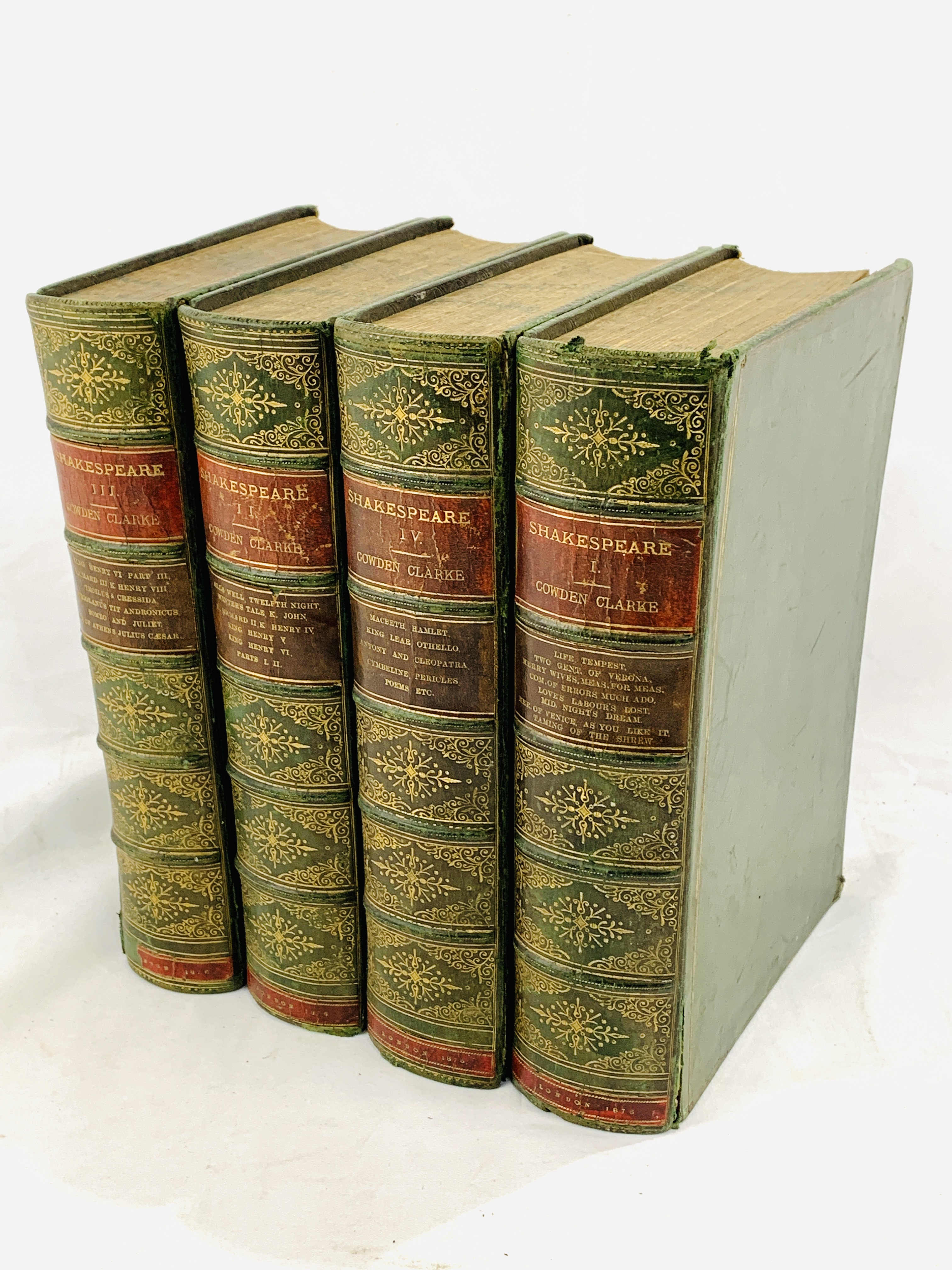 Shakespeare finely bound by Bickers in full green Morocco, 1876, volumes 1-4